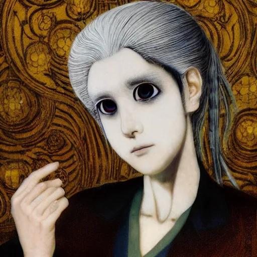 Image similar to yoshitaka amano blurred and dreamy realistic portrait of a woman with black eyes and white hair wearing dress suit with tie, junji ito abstract patterns in the background, satoshi kon anime, noisy film grain effect, highly detailed, renaissance oil painting, weird portrait angle, blurred lost edges, three quarter view