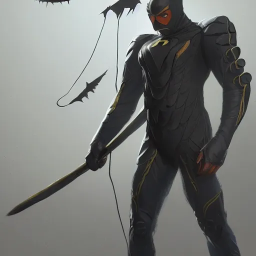 Image similar to a hero named rope man, his suit is black and blue and he has a bat like wing suit under it, mystic, concept art, artstation, greg rutkowski, reference sheet