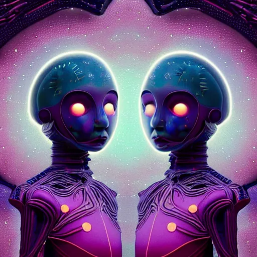 Image similar to twins from out space fractal, dark background, backlit:: by Martine Johanna and Simon Stålenhag and Chie Yoshii and Casey Weldon and Guillermo del toro :: ornate, dynamic, particulate, intricate, elegant, highly detailed, centered, artstation, smooth, sharp focus, octane render, 3d