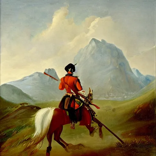Prompt: portrait oil on canvas of a man mounted on horseback while raising a sword with his right hand pointing north, behind him in the vast distance 1 0 0 warriors can be seen fighting with swords and muskets, light, cloudy, mountains in the background,