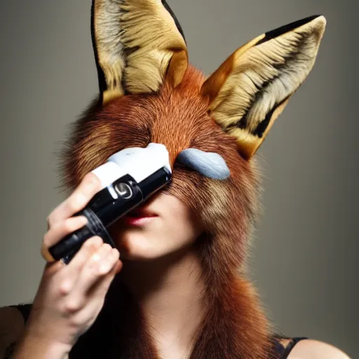 Image similar to a polygamous fox with a hat drinking beer and smoking e - cigarette, studio photo