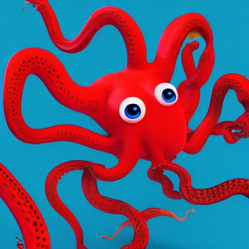 Image similar to portrait of red octopus, sly, cunning, blue background, pixar style animation 3d extremely gloomy lighting, atmospheric, cinematic, detailed illustration unreal Engine, 8K