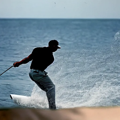 Prompt: a close up cinematic film still of tiger woods in the jaws