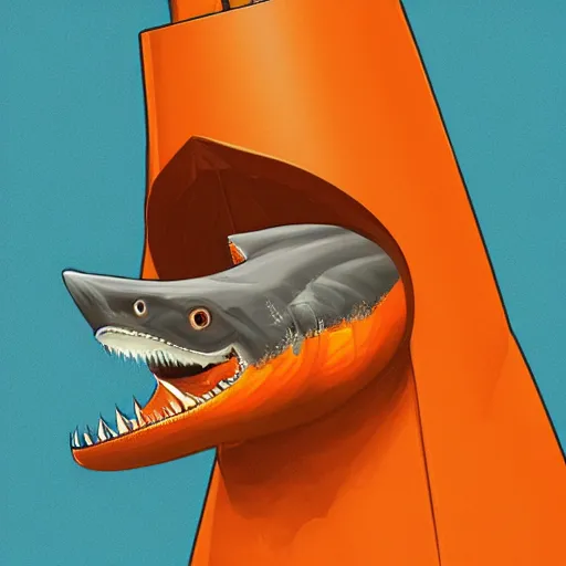 Image similar to great white shark with a conical orange traffic cone orange traffic cone orange traffic cone instead of a fin - ron cheng & alphonse mucha, highly detailed, digital painting, ray tracing, concept art, illustration, smooth sharp focus, intricate, symmetry, artstation,