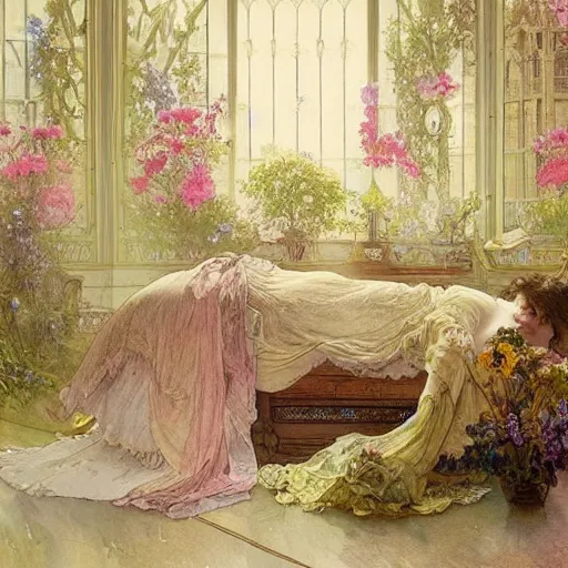 Prompt: a beautifull intricate watercolour painting of a victorian bedroom with many flowers, reflexions, verry high details by william turner art, greg rutkowski and alphonse mucha, trending on artstation, very very detailed, masterpiece,