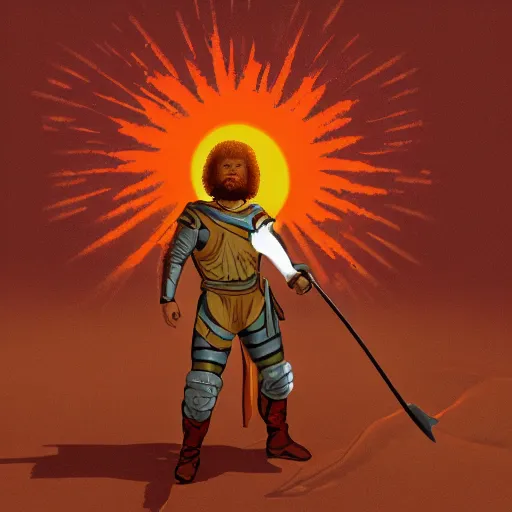 Image similar to an ultra detailed vector image of bob ross dressed as solaire of astora, concept art by alphonse mucha and greg rutkowski, bright red desert sands, bright yellow and red sun, octane render, praise the sun