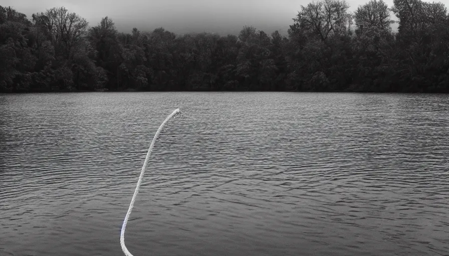 Image similar to photograph of an infinitely long rope floating on the surface of the water, the rope is snaking from the foreground towards the center of the lake, a dark lake on a cloudy day, trees in the background, moody scene, anamorphic lens