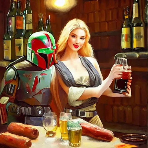 Prompt: (Boba Fett) and a beautiful young blonde drinking beer in a wine cellar, food, meat, schnapps, torches on the wall, romantic, inviting, cozy, painting by Vladimir Volegov