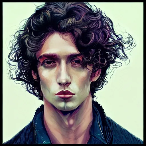 Prompt: in the style of Joshua Middleton art, beautiful young punk rock man, long curly brown hair, denim vest over leather jacket, symmetrical face, concept art, painting