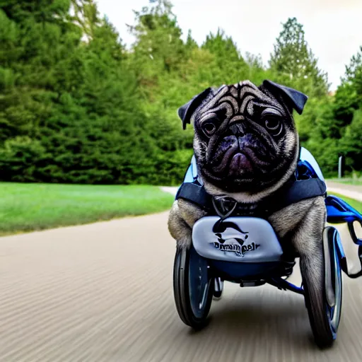 Prompt: a morbidly obese pug riding a turbo boosted wheelchair, high resolution photo