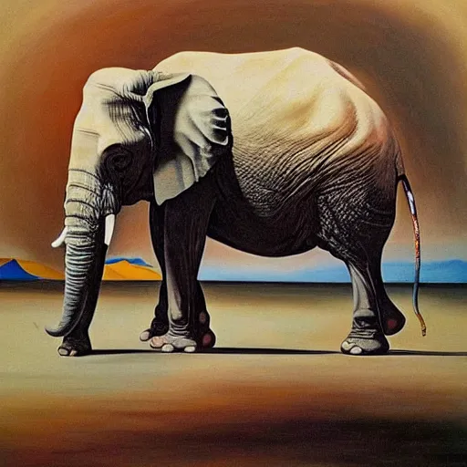Prompt: in the style of painter salvador dali circus of animals playing, Surrealism painting, hyperrealism, large elephant plays, high details, everything sharp focus, photorealism, real photo