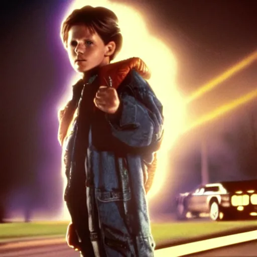 Image similar to stunning awe inspiring tom holland as marty mcfly in the movie back to the future, movie still 8 k hdr atmospheric lighting