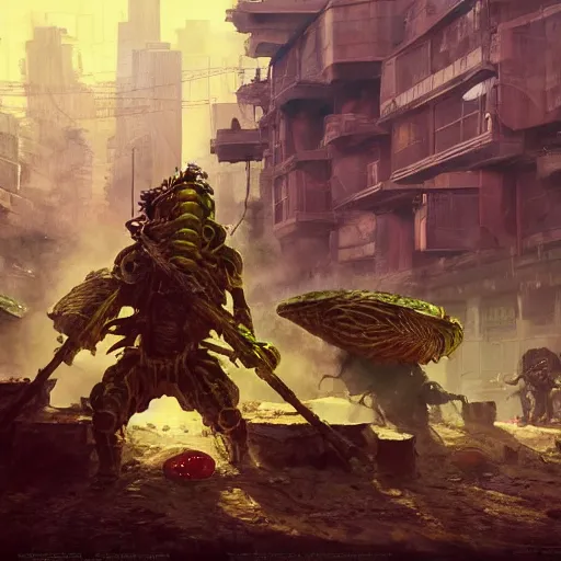 Image similar to Concept Digital Art Highly detailed giant Watermelon warlord protecting Ukrainian village from Orks by Taras Shevchenko and Stephen Hickman and Beeple. Very highly detailed 8K,Pentax 67, Kodak Portra 400 in style of Hiromasa Ogura Ghost in the Shell, the golden ratio, rational painting