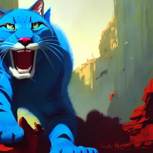 Image similar to a big blue cat caught a red sable. turqoise background. painting by eddie mendoza, greg rutkowski, james gurney