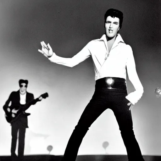 Prompt: black and white photograph of elvis on drugs dancing, aliens from another planet in the background