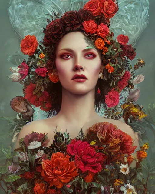 Image similar to portrait of the redskin queen of the underworld, surrounded by flowers by karol bak, james jean, tom bagshaw, rococo, sharp focus, trending on artstation, cinematic lighting, hyper realism, octane render, 8 k, hyper detailed.