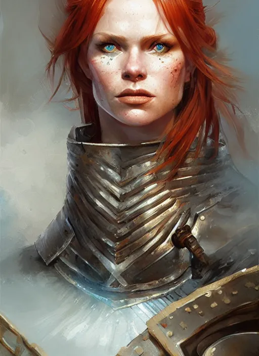 Image similar to highly detailed painting of a warrior woman commander, knight, icelandic, redhead, blue - eyes, high fantasy, dungeons and dragons art by jon foster trending on artstation painted by greg rutkowski, painted by stanley artgerm