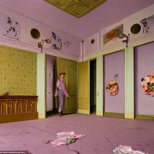 Prompt: a lot of different flowers in a liminal abandoned room, film still by wes anderson, depicted by balthus, limited color palette, very intricate, art nouveau, highly detailed, lights by hopper, soft pastel colors, minimalist