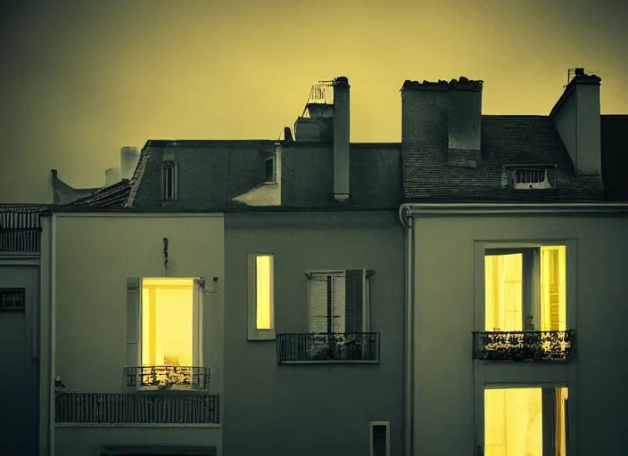 Prompt: small suburban houses in Paris at night inspired by Edward Hopper, Photographic stills, photography, fantasy, moody lighting, dark mood, imagination, cinematic