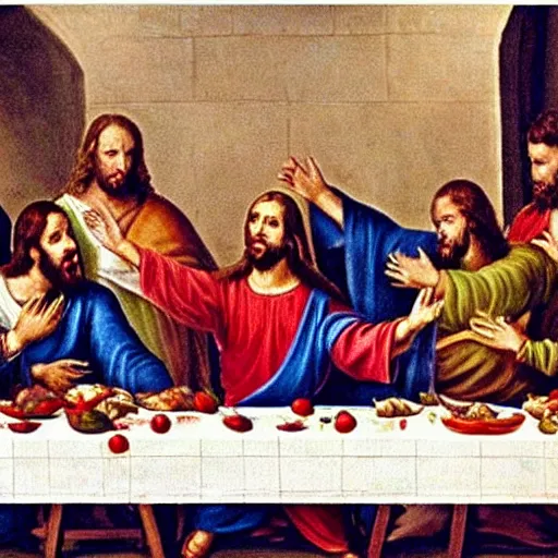 Image similar to jesus having a food fight and screaming in the last supper