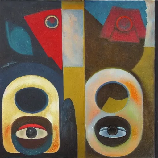 Image similar to Oil painting by Rufino Tamayo. Two mechanical gods with animal faces having a conversation. Oil painting by Lisa Yuskavage.