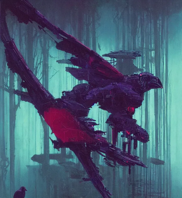 Prompt: robotic cyberpunk android raven bird in the deep forest red and purple palette, volume light, fog, by caspar david friedrich by ( h. r. giger ) and paul lehr