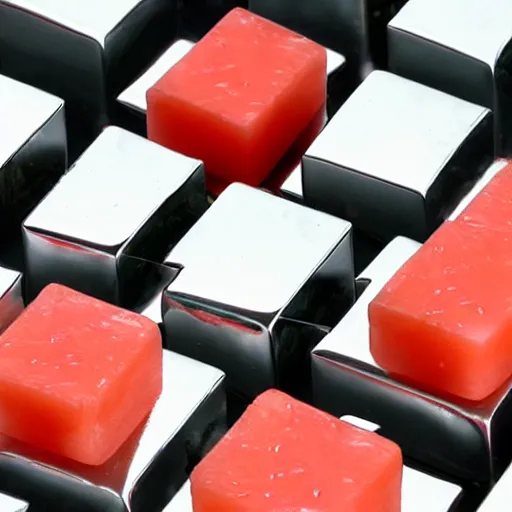 Prompt: a metallic tool to make square water melon cubes without seeds