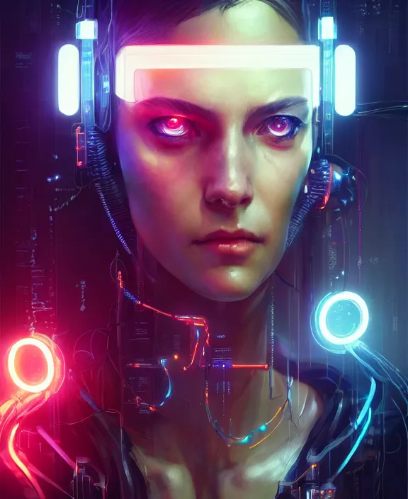 Prompt: portrait of cute cyborg woman, wires, neon lights, beautiful symmetrical eyes, cyberpunk, highly detailed painting by jeremy mann and cd projekt red and charlie bowater and titian and artgerm