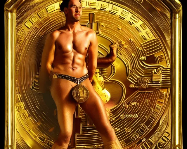 Prompt: attractive oiled up glossy man posing in front of a huge golden bitcoin, angelic light, commercial by annie liebovitz, tom finland gaston bussiere, j. c. leyendecker