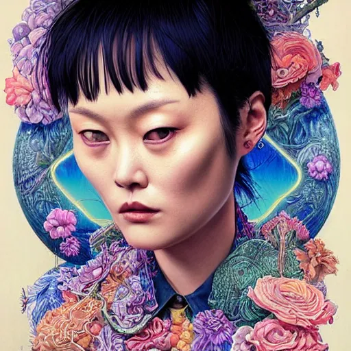 Prompt: portrait of rinko kikuchi, hyper detailed masterpiece, neon floral pattern, jean giraud, digital art painting, darkwave goth aesthetic, psychedelic, artgerm, donato giancola and tom bagshaw