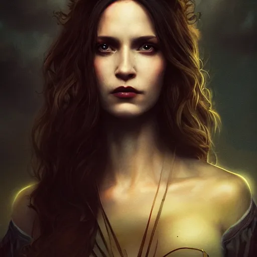 Image similar to majestic gracious regal aristocratic brunette female vampire portrait, atmospheric lighting, painted, menacing, intricate, volumetric lighting, beautiful, rich deep colours masterpiece, golden hour, sharp focus, ultra detailed, by leesha hannigan, ross tran, thierry doizon, kai carpenter, ignacio fernandez rios