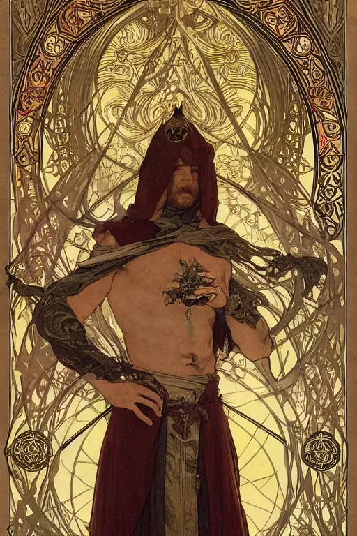 Image similar to tarot card, half - body, the devil, demon male, light robes, beautiful, medieval, super detailed, ornate, by alphonse mucha, stjepan sejic, greg rutkowski, symmetry, 8 k, sharp focus