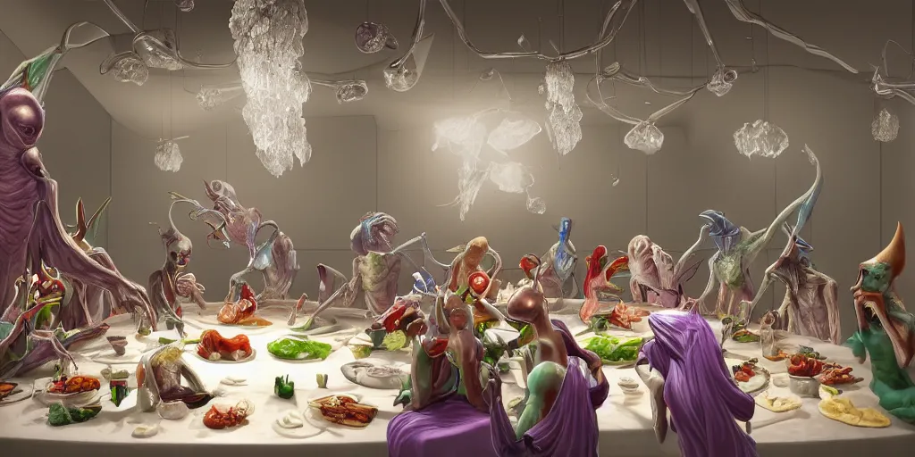 Image similar to !view from the kitchen, chefs cooking, in the background we see 13 diverse aliens enjoying a rich salad around a marble table, !positioned as last supper cinematic lighting, crystals and diamonds, fantasy, surreal, floating, highly detalied, 4k, artstation, by Wayne Barlowe