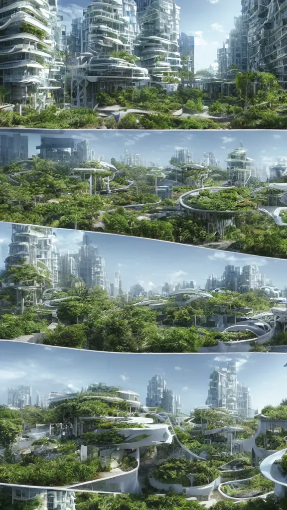 Prompt: 5 - panel comic page layout about visitors to sustainable futuristic building in a urban setting. ultrarealistic matte painting on white page. the building has many deep and tall balconies covered in plants and trees. thin random columns, large windows, deep overhangs. plants hang from balconies. greeble articulated details with plants. 8 k, uhd.