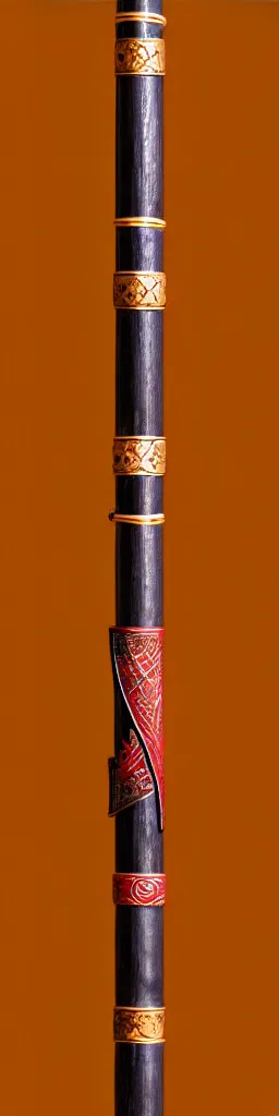 Image similar to single wooden long straight thin ninja fighting staff with oriental ornaments, weapon, highlight, vertical, centred, highly symmetric, sci - fi, fantasy, japan, dnd, close shot, bright uniform background, directional lighting, digital art, hyperrealism, award winning, 8 k