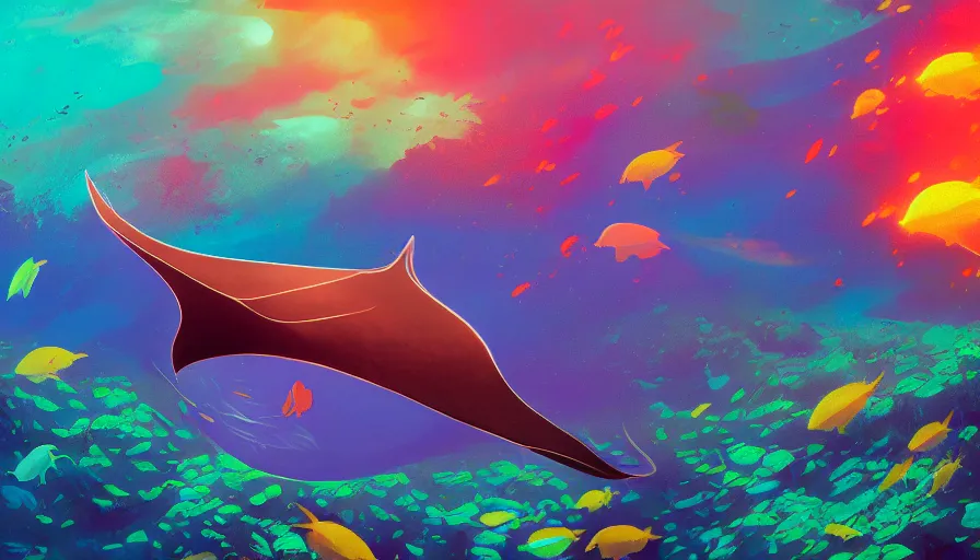 Image similar to a single manta ray swims above a colorful coral reef filled with fish, volumetric light, realism, in the style of alena aenami and andreas rocha and anato finnstark and charlie bowater