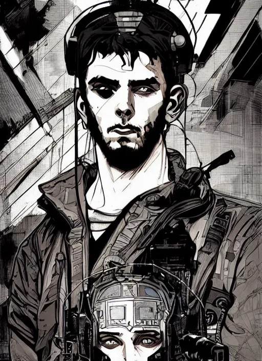 Prompt: marcus. cyberpunk assassin. portrait by ashley wood and alphonse mucha and laurie greasley and josan gonzalez. illustration, pop art, cinematic. realistic proportions. moody industrial setting. artstationhq