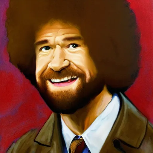 Image similar to Bob Ross as a cult leader, portrait painting