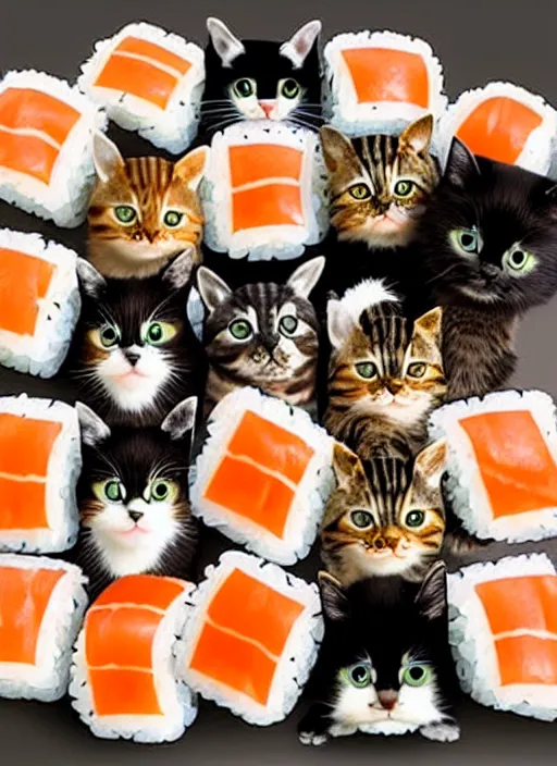 Image similar to clear photorealistic picture of adorable cats made out of sushi