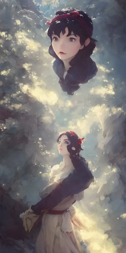 Prompt: still from snow white if made by krenz cushart and wenjun lin, portrait, illustration, rim light, top light, summer clear blue sky, perfectly shaded, soft painting, epic, intricate, art