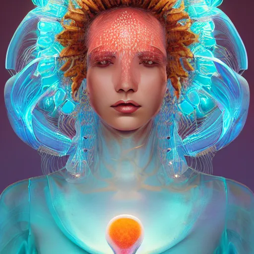 Image similar to Portrait of the most beautiful goddess, she has a jellyfish phoenix head's, by Tooth Wu, trending on Artstation, digital art, symmetrical artwork, cinematic, hyper realism, high detail, octane render, 4k, 8k