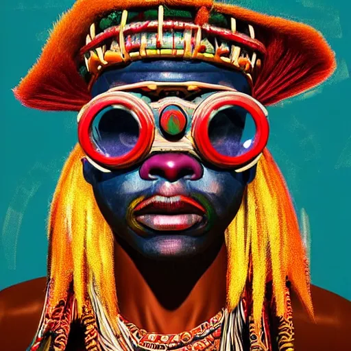 Image similar to colourful vfx upper half - portrait - art of a nigerian tribal chief wearing steam punk goggles, art by utagawa kunisada & james jean, symmetrical, intricate detail, concept art, volumetric light, ray tracing, caricature, digital illustration, octane 3 d render, unreal engine, sharp, 8 k post process, pinterest, behance, art station,