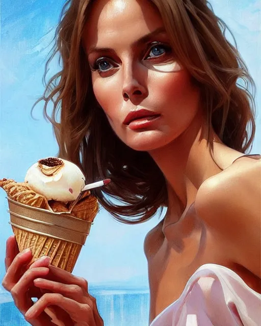 Prompt: Portrait of Barbara Bach from the bond film eating ice creams in Porto,real life skin, intricate, elegant, highly detailed, artstation, concept art, smooth, sharp focus, art by artgerm and greg rutkowski and alphonse mucha