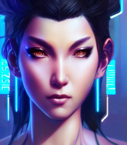 Image similar to beautiful portrait of a cyberpunk goddess who looks like Chun Li , character design by charlie bowater, ross tran, artgerm, and makoto shinkai, detailed, soft lighting, rendered in octane