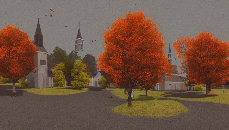 Prompt: small midwest town in autumn, church, leafs, grey sky, square, trees, hyperdetailed, artstation, cgsociety, 8 k