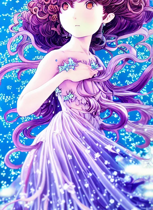 Prompt: exquisite imaginative manga poster of a fairy princess, fate grand order, long wavy hair, rococo ruffles dress, shimmering, by shigenori soejima, minaba hideo, katsuhiro otomo, jump comics, illustration, artstation, dark fantastic, highly detailed, 8 k, fluorescent, fluorescent, maximalist