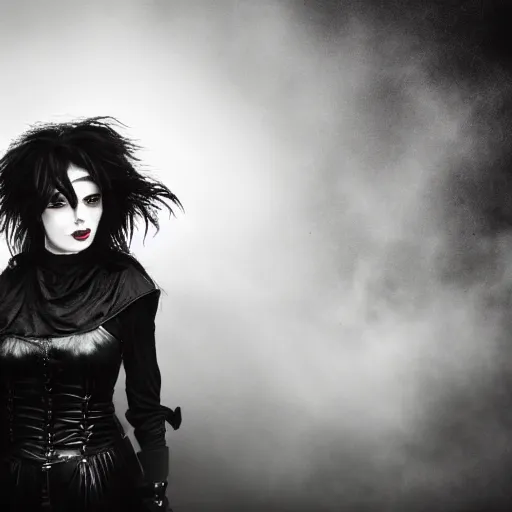 Image similar to masterpiece portrait of a female Edward Scissor hands, eerie fog, dramatic lighting, dark background, 8k