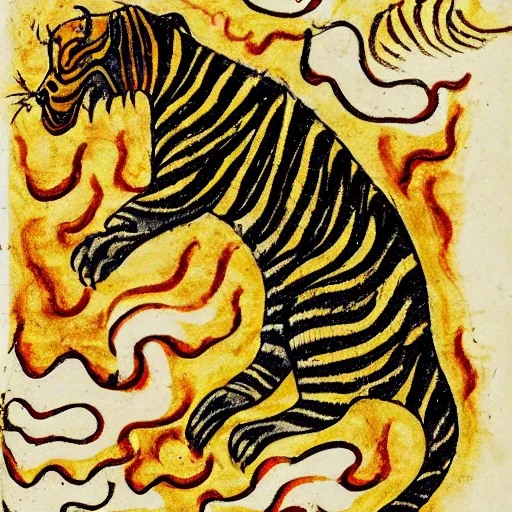 Image similar to bad drawn tiger made of smoke, lava and fire flying in the sky with many legs in a medieval manuscript, medieval manuscript, golden miniatures