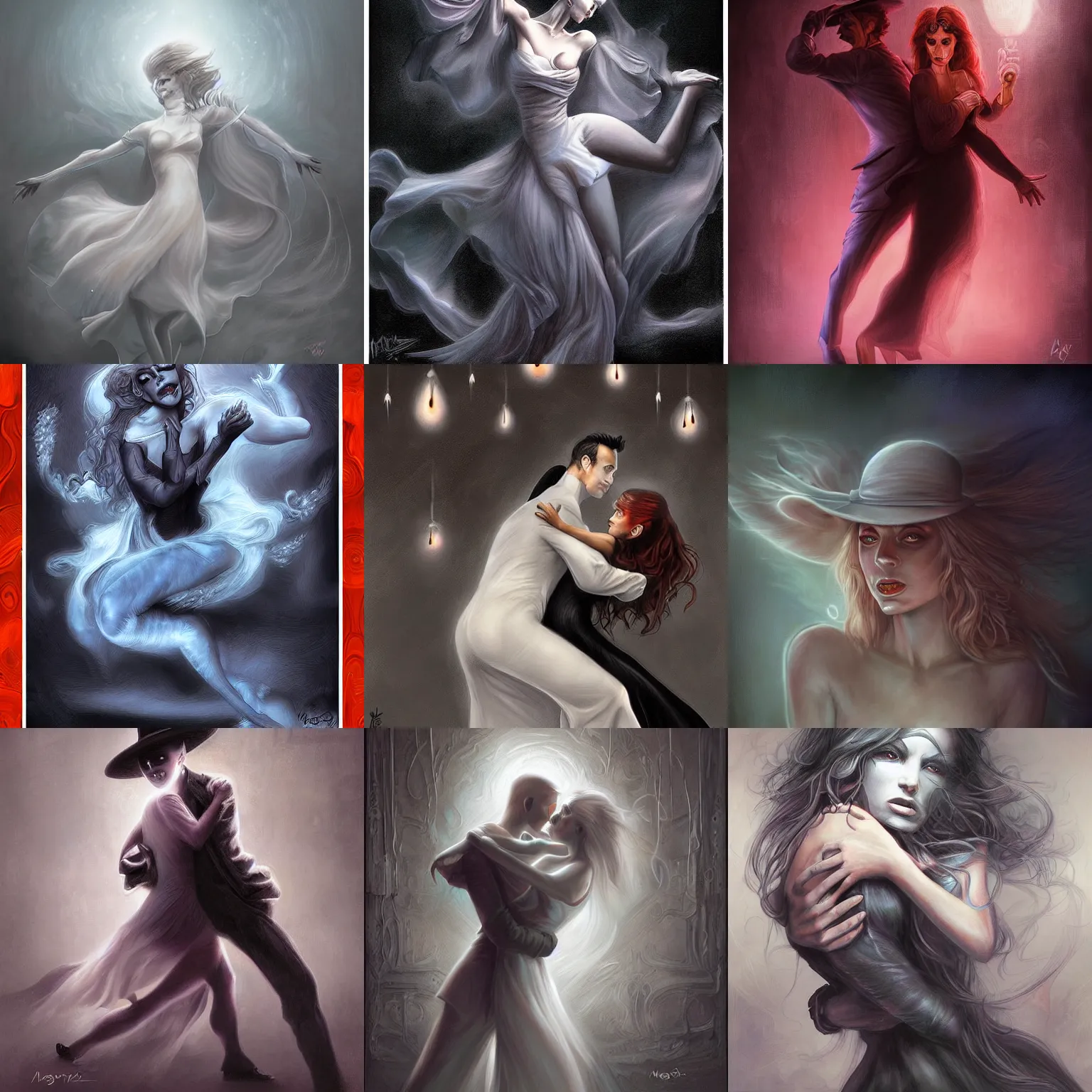 Prompt: ghostly tango, dark, digital art, by magali villeneuve