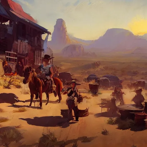 Image similar to greg manchess painting of a wild west town landscape in the year 1 8 5 0, painting, trending on artstation, by huang guangjian and gil elvgren and sachin teng